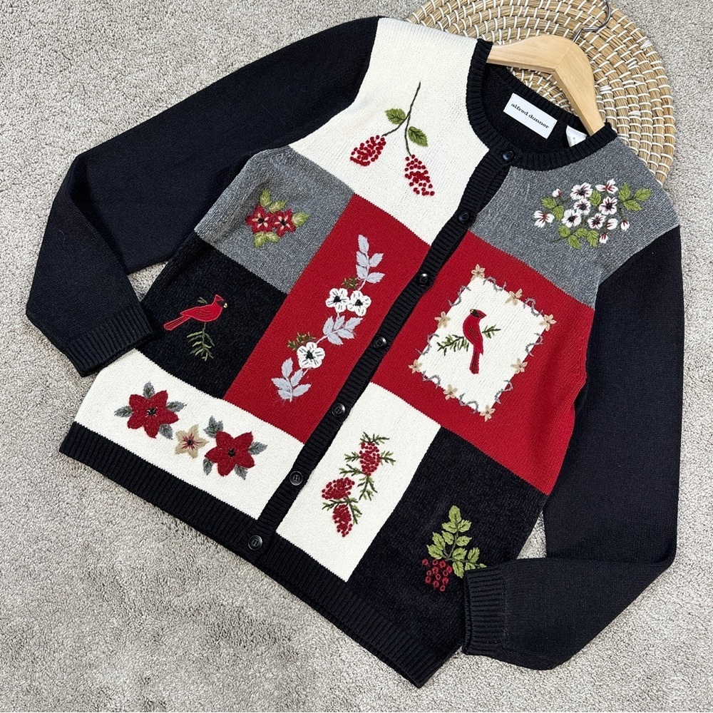 Alfred Dunner Vintage Cardigan Sweater Embroidered Birds Cardinal Grandmacore S